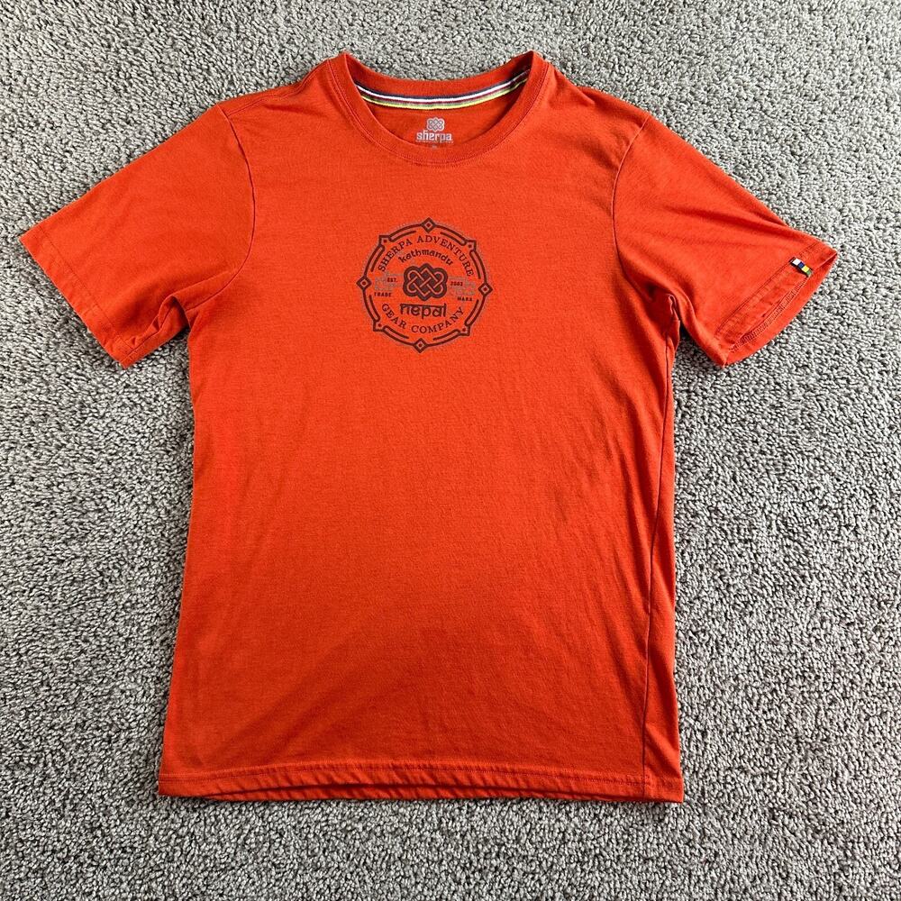Sherpa Adventure Gear Shirt Mens Small Orange Kathmandu Nepal Short Sleeve